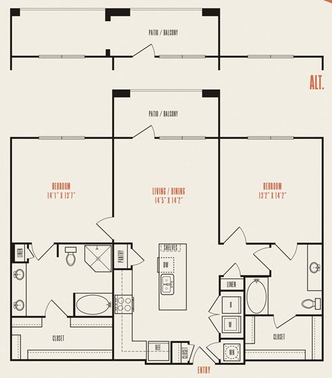 Floor plan for 2 beds, 2 baths, 1252 sqft